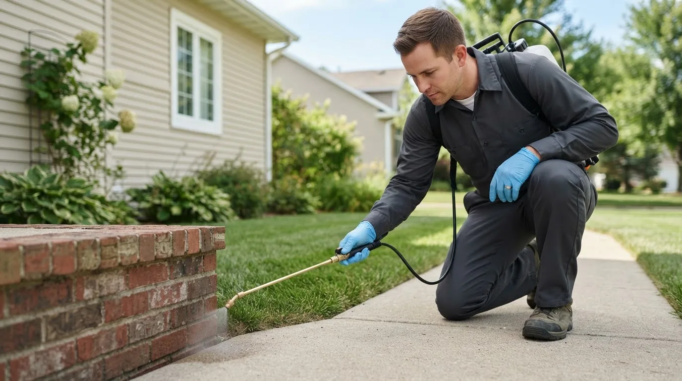 Pest control technician treating a home near Ridgeway, IA
