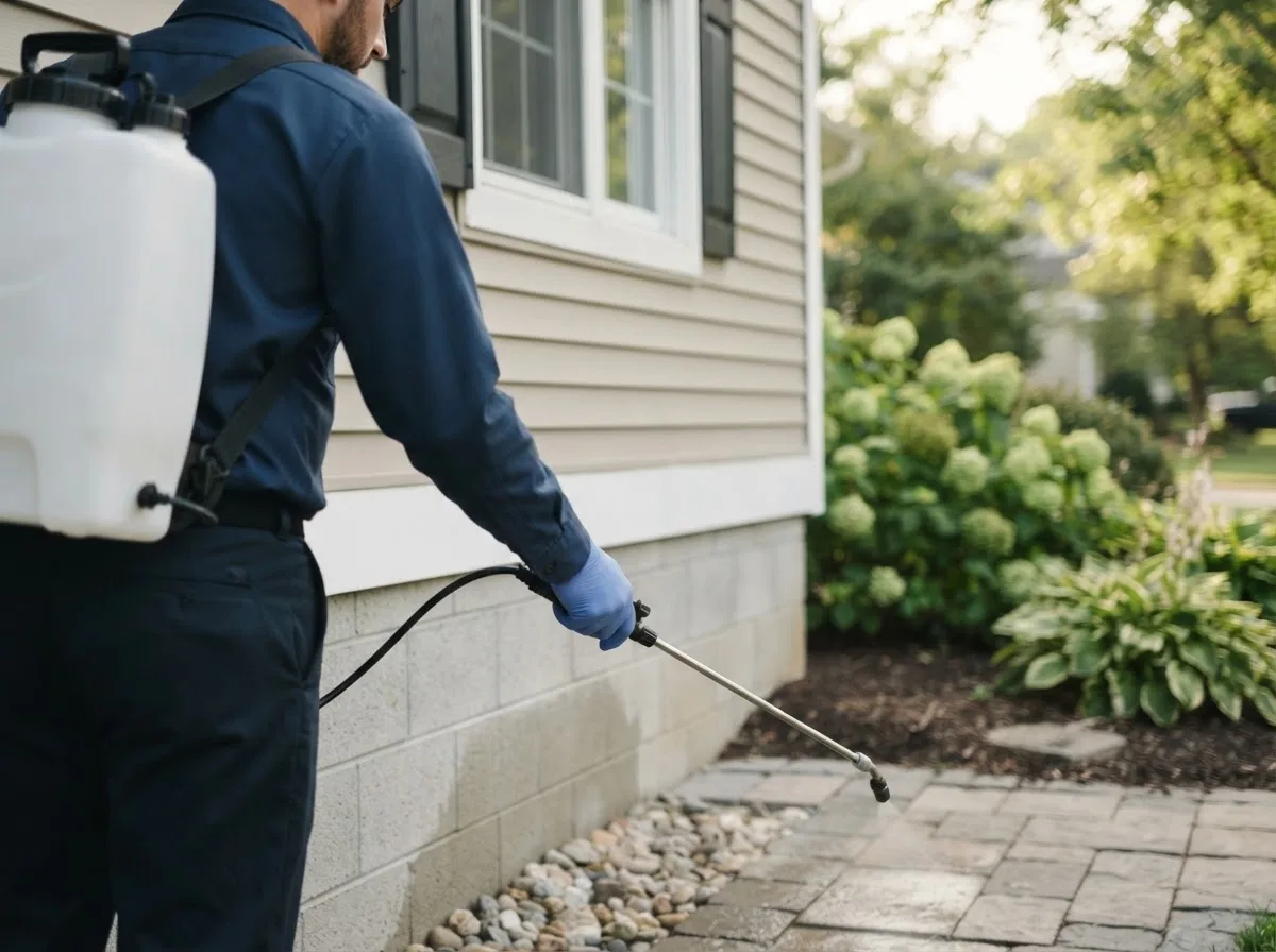 Pest control technician inspecting a home in Ridgeway, IA